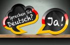 3D illustration of two speech bubbles with German flag and question, Sprechen Sie Deutsch? and Ja! (Do you speak German? and Yes!). On a wooden shelf with a wall on background.